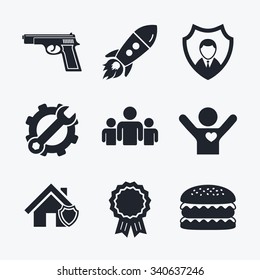 Award achievement, spanner and cog, startup rocket and burger. Security agency icons. Home shield protection symbols. Gun weapon sign. Group of people or Share. Flat icons.