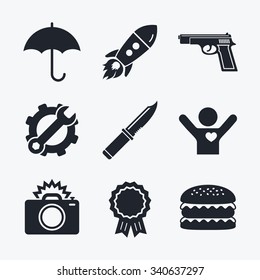 Award achievement, spanner and cog, startup rocket and burger. Gun weapon icon.Knife, umbrella and photo camera with flash signs. Edged hunting equipment. Prohibition objects. Flat icons.