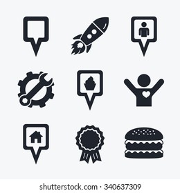Award achievement, spanner and cog, startup rocket and burger. Map square pointer icons. Home, food and user location symbols. Restaurant and cupcake signs. You are here. Flat icons.