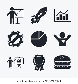 Award Achievement, Spanner And Cog, Startup Rocket And Burger. Diagram Graph Pie Chart Icon. Presentation Billboard Symbol. Supply And Demand. Man Standing With Pointer. Flat Icons.