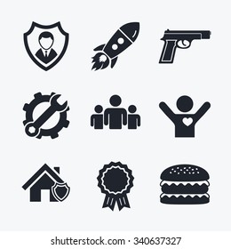Award achievement, spanner and cog, startup rocket and burger. Security agency icons. Home shield protection symbols. Gun weapon sign. Group of people or Share. Flat icons.
