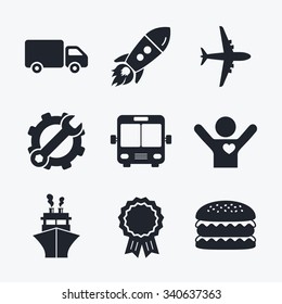 Award achievement, spanner and cog, startup rocket and burger. Transport icons. Truck, Airplane, Public bus and Ship signs. Shipping delivery symbol. Air mail delivery sign. Flat icons.