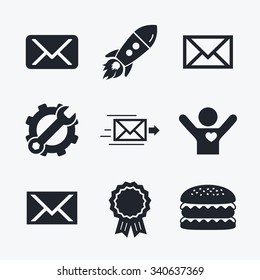 Award achievement, spanner and cog, startup rocket and burger. Mail envelope icons. Message delivery symbol. Post office letter signs. Flat icons.