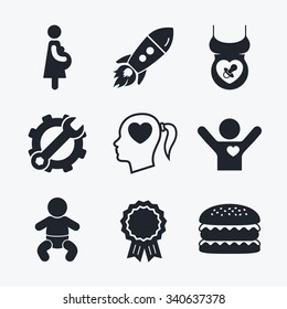 Award achievement, spanner and cog, startup rocket and burger. Maternity icons. Baby infant, pregnancy and dummy signs. Child pacifier symbols. Head with heart. Flat icons.