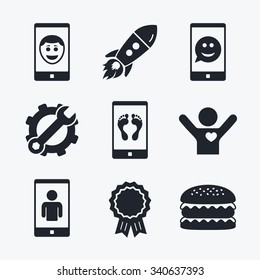 Award achievement, spanner and cog, startup rocket and burger. Selfie smile face icon. Smartphone video call symbol. Self feet or legs photo. Flat icons.