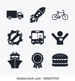 Award achievement, spanner and cog, startup rocket and burger. Transport icons. Truck, Bicycle, Public bus with driver and Ship signs. Shipping delivery symbol. Family vehicle sign. Flat icons.