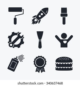 Award achievement, spanner and cog, startup rocket and burger. Paint roller, brush icons. Spray can and Spatula signs. Wall repair tool and painting symbol. Flat icons.