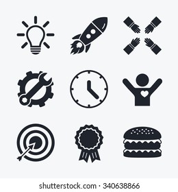 Award achievement, spanner and cog, startup rocket and burger. Lamp idea and clock time icons. Target aim sign. Darts board with arrow. Teamwork symbol. Flat icons.