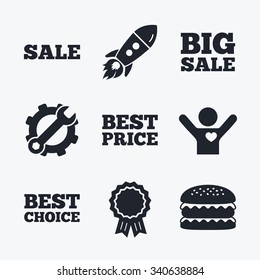Award achievement, spanner and cog, startup rocket and burger. Sale icons. Best choice and price symbols. Big sale shopping sign. Flat icons.