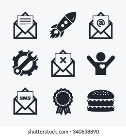 Award achievement, spanner and cog, startup rocket and burger. Mail envelope icons. Message document symbols. Post office letter signs. Delete mail and SMS message. Flat icons.
