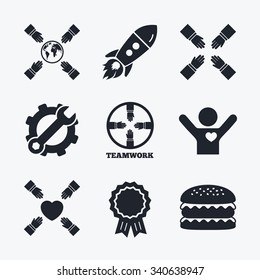 Award achievement, spanner and cog, startup rocket and burger. Teamwork icons. Helping Hands with globe and heart symbols. Group of employees working together. Flat icons.