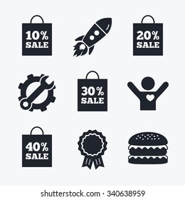 Award achievement, spanner and cog, startup rocket and burger. Sale bag tag icons. Discount special offer symbols. 10%, 20%, 30% and 40% percent sale signs. Flat icons.