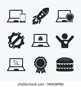 Award achievement, spanner and cog, startup rocket and burger. Notebook laptop pc icons. Virus or software bug signs. Shield protection symbol. Mouse cursor pointer. Flat icons.
