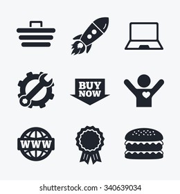 Award achievement, spanner and cog, startup rocket and burger. Online shopping icons. Notebook pc, shopping cart, buy now arrow and internet signs. WWW globe symbol. Flat icons.