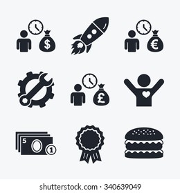 Award achievement, spanner and cog, startup rocket and burger. Bank loans icons. Cash money bag symbols. Borrow money sign. Get Dollar money fast. Flat icons.