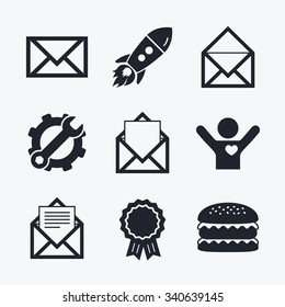 Award achievement, spanner and cog, startup rocket and burger. Mail envelope icons. Message document symbols. Post office letter signs. Flat icons.
