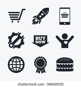 Award achievement, spanner and cog, startup rocket and burger. Online shopping icons. Smartphone, shopping cart, buy now arrow and internet signs. WWW globe symbol. Flat icons.