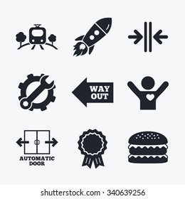 Award achievement, spanner and cog, startup rocket and burger. Train railway icon. Overground transport. Automatic door symbol. Way out arrow sign. Flat icons.