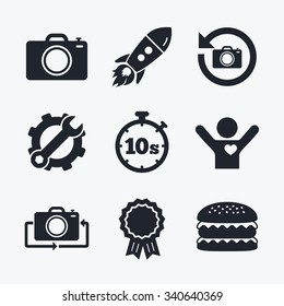 Award achievement, spanner and cog, startup rocket and burger. Photo camera icon. Flip turn or refresh symbols. Stopwatch timer 10 seconds sign. Flat icons.