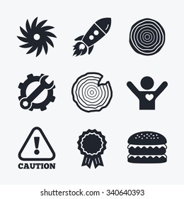 Award achievement, spanner and cog, startup rocket and burger. Wood and saw circular wheel icons. Attention caution symbol. Sawmill or woodworking factory signs. Flat icons.