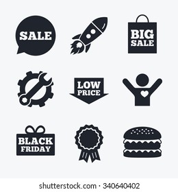 Award achievement, spanner and cog, startup rocket and burger. Sale speech bubble icon. Black friday gift box symbol. Big sale shopping bag. Low price arrow sign. Flat icons.