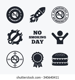 Award achievement, spanner and cog, startup rocket and burger. No smoking day icons. Against cigarettes signs. Quit or stop smoking symbols. Flat icons.