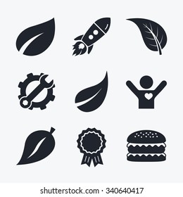 Award achievement, spanner and cog, startup rocket and burger. Leaf icon. Fresh natural product symbols. Tree leaves signs. Flat icons.