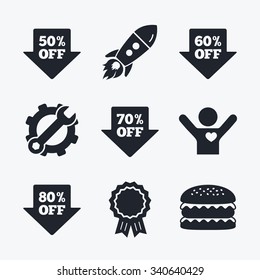Award achievement, spanner and cog, startup rocket and burger. Sale arrow tag icons. Discount special offer symbols. 50%, 60%, 70% and 80% percent off signs. Flat icons.