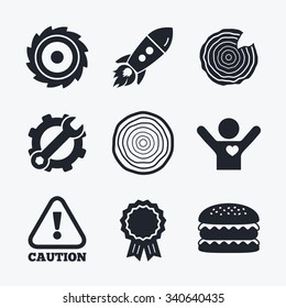 Award achievement, spanner and cog, startup rocket and burger. Wood and saw circular wheel icons. Attention caution symbol. Sawmill or woodworking factory signs. Flat icons.