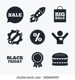 Award achievement, spanner and cog, startup rocket and burger. Sale speech bubble icon. Discount star symbol. Black friday sign. Big sale shopping bag. Flat icons.