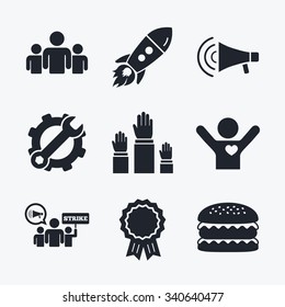 Award achievement, spanner and cog, startup rocket and burger. Strike group of people icon. Megaphone loudspeaker sign. Election or voting symbol. Hands raised up. Flat icons.
