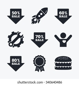 Award achievement, spanner and cog, startup rocket and burger. Sale arrow tag icons. Discount special offer symbols. 50%, 60%, 70% and 80% percent sale signs. Flat icons.