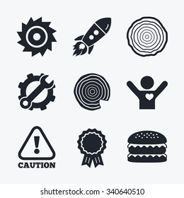 Award achievement, spanner and cog, startup rocket and burger. Wood and saw circular wheel icons. Attention caution symbol. Sawmill or woodworking factory signs. Flat icons.