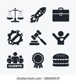 Award achievement, spanner and cog, startup rocket and burger. Scales of Justice icon. Group of clients symbol. Auction hammer sign. Law judge gavel. Court of law. Flat icons.