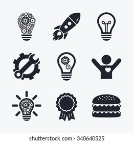 Award achievement, spanner and cog, startup rocket and burger. Light lamp icons. Lamp bulb with cogwheel gear symbols. Idea and success sign. Flat icons.