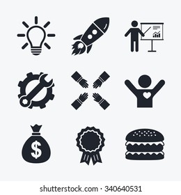 Award achievement, spanner and cog, startup rocket and burger. Presentation billboard icon. Dollar cash money and lamp idea signs. Man standing with pointer. Teamwork symbol. Flat icons.