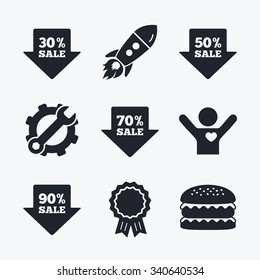 Award achievement, spanner and cog, startup rocket and burger. Sale arrow tag icons. Discount special offer symbols. 30%, 50%, 70% and 90% percent sale signs. Flat icons.