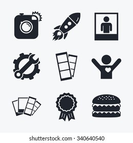 Award achievement, spanner and cog, startup rocket and burger. Hipster photo camera icon. Flash light symbol. Photo booth strips sign. Human portrait photo frame. Flat icons.