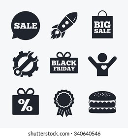 Award achievement, spanner and cog, startup rocket and burger. Sale speech bubble icon. Black friday gift box symbol. Big sale shopping bag. Discount percent sign. Flat icons.