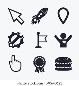 Award achievement, spanner and cog, startup rocket and burger. Mouse cursor icon. Hand or Flag pointer symbols. Map location marker sign. Flat icons.