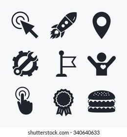 Award achievement, spanner and cog, startup rocket and burger. Mouse cursor icon. Hand or Flag pointer symbols. Map location marker sign. Flat icons.
