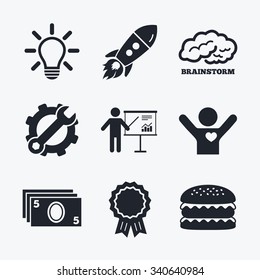 Award achievement, spanner and cog, startup rocket and burger. Presentation billboard, brainstorm icons. Cash money and lamp idea signs. Man standing with pointer. Scheme and Diagram symbol.