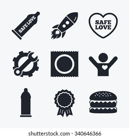 Award achievement, spanner and cog, startup rocket and burger. Safe sex love icons. Condom in package symbol. Fertilization or insemination. Heart sign. Flat icons.