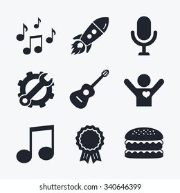 Award achievement, spanner and cog, startup rocket and burger. Music icons. Microphone karaoke symbol. Music notes and acoustic guitar signs. Flat icons.