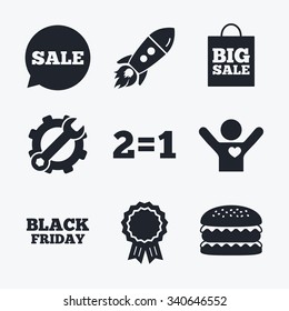 Award achievement, spanner and cog, startup rocket and burger. Sale speech bubble icons. Two equals one. Black friday sign. Big sale shopping bag symbol. Flat icons.