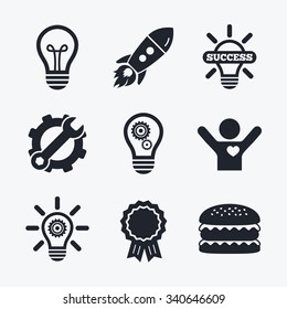 Award achievement, spanner and cog, startup rocket and burger. Light lamp icons. Lamp bulb with cogwheel gear symbols. Idea and success sign. Flat icons.