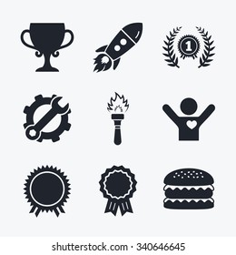 Award achievement, spanner and cog, startup rocket and burger. First place award cup icons. Laurel wreath sign. Torch fire flame symbol. Prize for winner. Flat icons.
