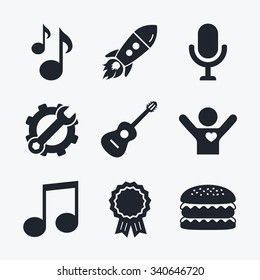 Award achievement, spanner and cog, startup rocket and burger. Music icons. Microphone karaoke symbol. Music notes and acoustic guitar signs. Flat icons.