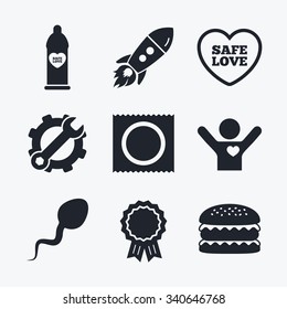 Award achievement, spanner and cog, startup rocket and burger. Safe sex love icons. Condom in package symbol. Sperm sign. Fertilization or insemination. Flat icons.