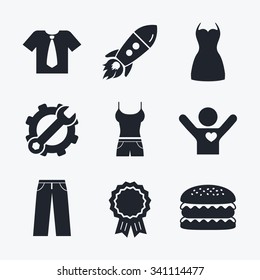 Award achievement, spanner and cog, startup rocket and burger. Clothes icons. T-shirt with business tie and pants signs. Women dress symbol. Flat icons.